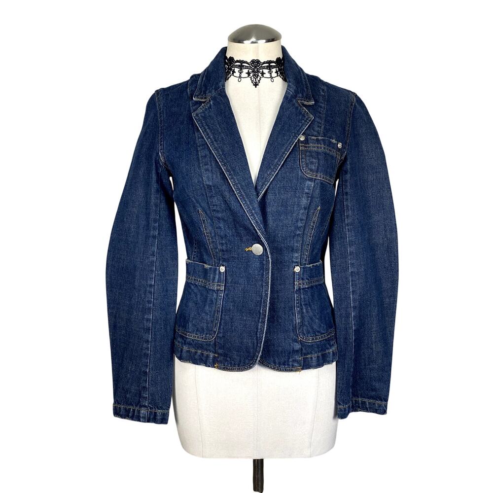 Y2K Denim Blazer Jacket Grunge Distressed Coquette Cottage Core 3 Pocket Sz S